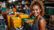 © Thanaporn - A diverse group of people sorting recyclables into different bins, community recycling center in the background, bright and sunny day,