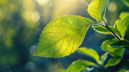 Wall Mural - Green leaf in garden during summer sunlight, ideal background.