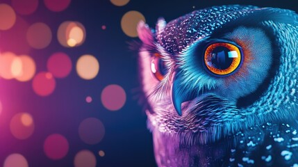 Wall Mural - A close-up of an owl with vibrant colors and a bokeh background.