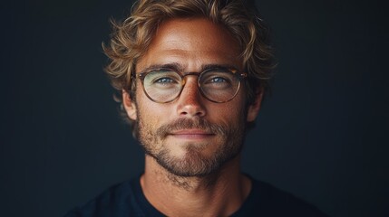 Wall Mural - Young man with glasses and wavy hair smiles confidently against a dark background