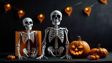 halloween skeleton with pumpkin