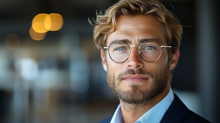 Wall Mural - A well-dressed man with glasses poses confidently indoors during daytime in a modern professional setting