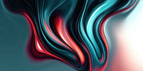 abstract liquid flow, fluid dynamics, metallic sheen, iridescent refractions, crimson red and teal blue contrasting colors, rippling curves, undulating shapes, fractal-like patterns, smooth rendering