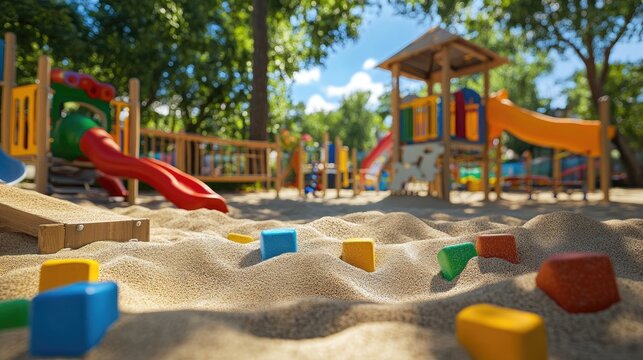A playground sandbox with colorful toys, showing a fun and playful environment under the bright sun of a summer day