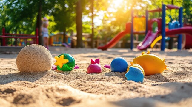 A playground sandbox with colorful toys, showing a fun and playful environment under the bright sun of a summer day