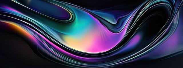 neon glowing curves, abstract fluid shapes, dark background, iridescent colors, luminous ripples, digital illustration, glowing gradients, energy waves, vibrant lights, swirling aurora