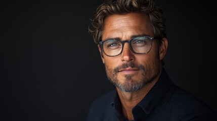 Wall Mural - A man with glasses poses confidently against a dark background in a stylish outfit, showcasing a thoughtful expression