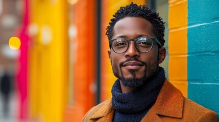 A man smiling confidently while wearing stylish glasses stands in front of colorful urban walls in a vibrant city setting