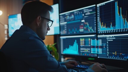 A man in glasses works late, analyzing financial data displayed on multiple computer screens. The detailed graphs and charts reflect a focused and professional atmosphere, perfect for themes of