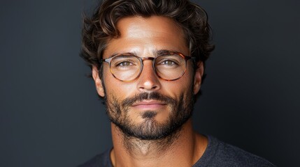 A man with curly hair and glasses poses confidently against a dark background highlighting his facial features