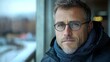 © Рудой Максим - A man with glasses and a scarf gazes thoughtfully out of a window on a chilly day in an urban setting