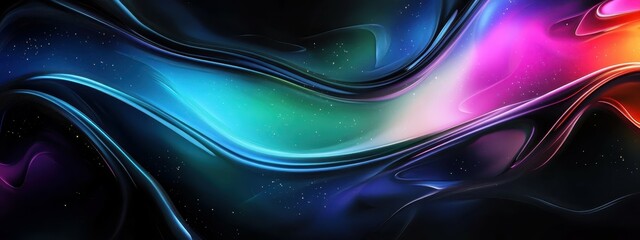 neon glowing curves, abstract fluid shapes, dark background, iridescent colors, luminous ripples, digital illustration, glowing gradients, energy waves, vibrant lights, swirling aurora