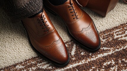 Poster - Close-up of luxury leather shoes with polished surface, paired with a designer bag and scarf on a plush carpet