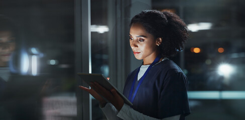 Aufkleber - Night, woman and nurse with tablet, typing and online reading for schedule, hospital and digital app. Results, medical or professional with tech, evening and website info with telehealth or internet