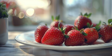 Sticker - Close-up of fresh ripe strawberries arranged on a white plate atop a tastefully set table with a linen table covering, with selective focus.