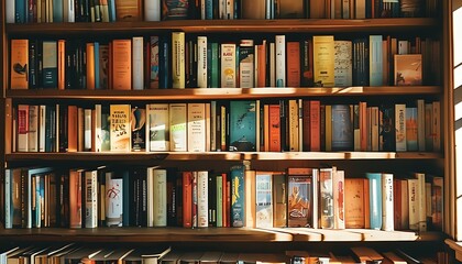 A warm bookshelf filled with various books, with soft sunshine shining through the window, and a bright indoor environment in the background, giving people a peaceful reading atmosphere.