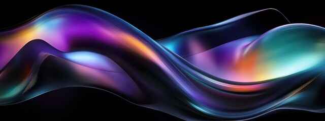 neon glowing curves, abstract fluid shapes, dark background, iridescent colors, luminous ripples, digital illustration, glowing gradients, energy waves, vibrant lights, swirling aurora