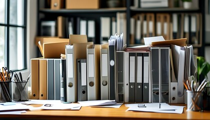 Wall Mural - A neat pile of folders and papers was placed on the desktop, with some office supplies next to it, making the environment look orderly.