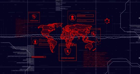 Poster - Global cybersecurity breach animation over world map with system hacked alerts