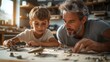 © Thanaporn - Single father and his son building a model airplane at the kitchen table, both focused and enjoying the moment, parts and tools spread across the table, bright afternoon light,