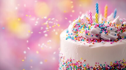 A festive birthday cake topped with colorful sprinkles and candles against a blurred background.