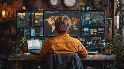 A digital marketer at work, using a multi-screen setup displaying CRM, automation tools, and campaign analytics.