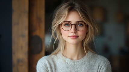 A young woman with glasses smiles warmly while standing indoors, surrounded by natural light and wooden accents