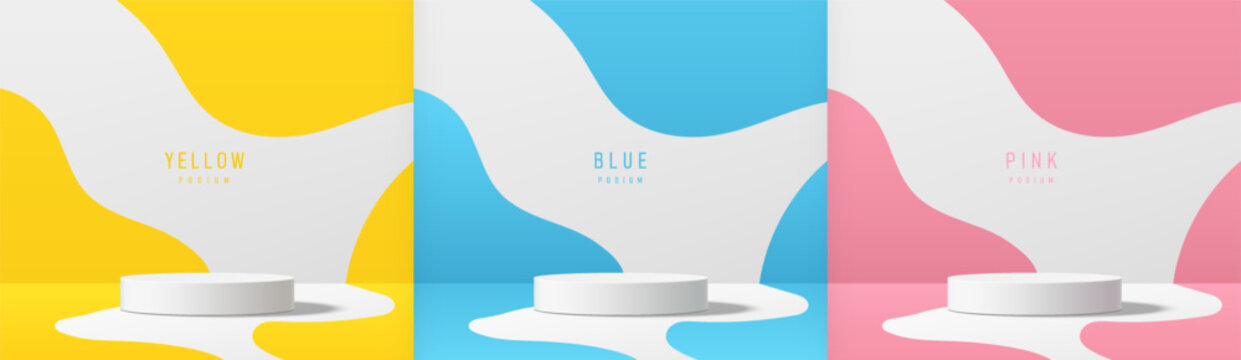 Set of white realistic 3d cylinder pedestal podium with pastel yellow, blue and pink in free form backdrop. Abstract vector rendering platform. Mockup product display presentation. Minimal wall scene.