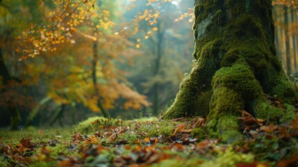 Sticker - Autumn setting: Overgrown moss-covered tree trunk, natural forest scenery in fall season for product display and design template with space for text.