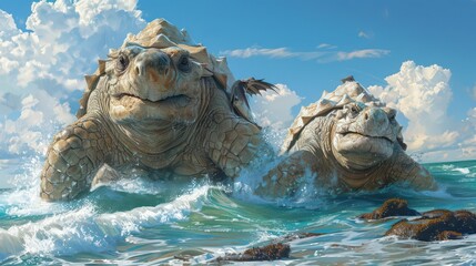 Two large, fantastical turtles emerging from ocean waves under a bright sky.