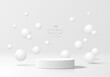 © Riseness - 3D white round podium with bouncing white sphere ball background. Abstract geometric composition in minimalist design. 3D studio display showroom product pedestal, Fashion stage showcase mockup scene.