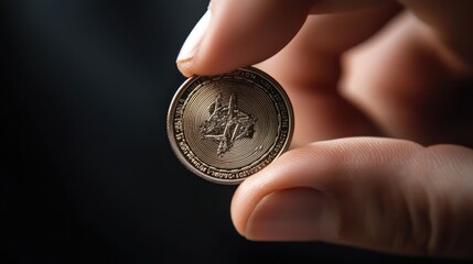 A hand holding a detailed coin against a dark background.