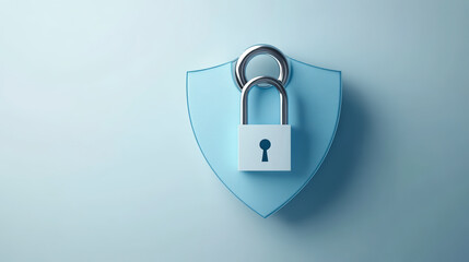 A padlock secured on a blue shield symbolizes data protection, security, and privacy measures in the digital age.