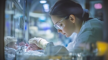 Canvas Print - A healthcare professional caring for a newborn in a neonatal unit.