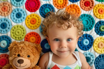 Happy Toddler with Bright Blue Eyes Smiles at Camera, Relaxing with Teddy Bear on Colorful Quilt