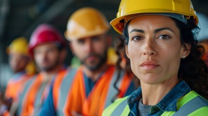 Female construction worker in a hard hat, operating machinery with a diverse team of male and female colleagues