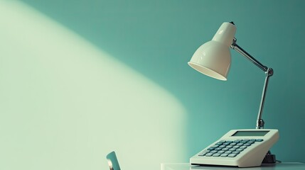 Canvas Print - A minimalist workspace featuring a lamp and calculator on a desk.