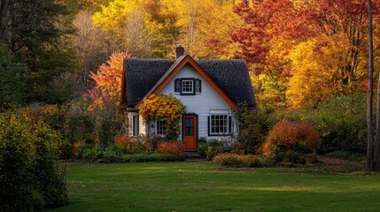 Sticker - Autumn Cottage in the Colorful Forest Oasis