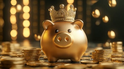 Aufkleber - 3D illustration of a gold piggy bank with a crown and gold coin stacks representing finance savings and investment concepts