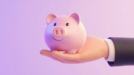 Aufkleber - 3D rendering of a cartoon businessmans hand holding a piggy bank against a light purple background symbolizing finance and money accumulation