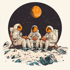 a group of astronauts celebrating thanksgiving on the moon clipart, cozy and futuristic, starry nigh