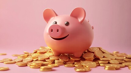 Fototapete - 3Drendered piggy bank with a pile of gold coins depicted as a realistic vector illustration symbolizing banking and digital savings