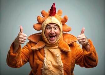 a comical photo showing a person in a thanksgiving turkey costume expressing gratitude in a humorous