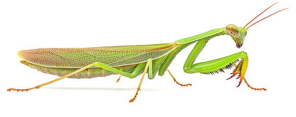 A close-up side view of a Giant Asian Green Praying Mantis (Hierodula membranacea) against a clean white background