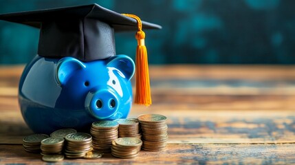 Poster - A blue piggy bank with a graduation hat placed next to a stack of coins on a wooden background representing the concept of saving money for education