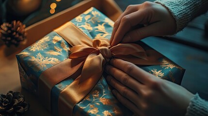 Wall Mural - A person tying a bow on a beautifully wrapped gift box, surrounded by holiday decorations.