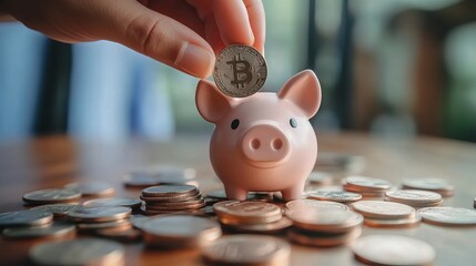 Aufkleber - A hand placing a coin into a piggy bank accompanied by a pile of coins representing business investment finance and future savings concepts