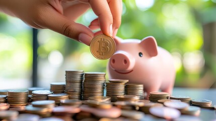 Aufkleber - A hand placing a coin into a piggy bank accompanied by a pile of coins representing business investment finance and future savings concepts