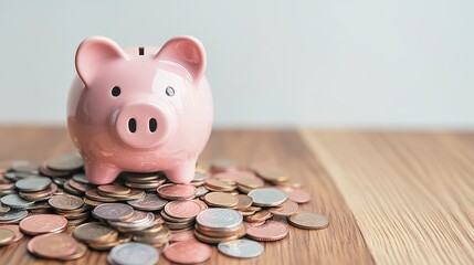 Fototapete - A pink piggy bank overflowing with coins sits on a wooden table set against a clean white wall background