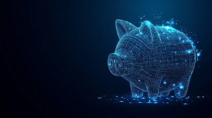 Fototapete - Abstract lowpoly wireframe piggy bank on a dark blue background symbolizing the concept of saving money in business with space for text